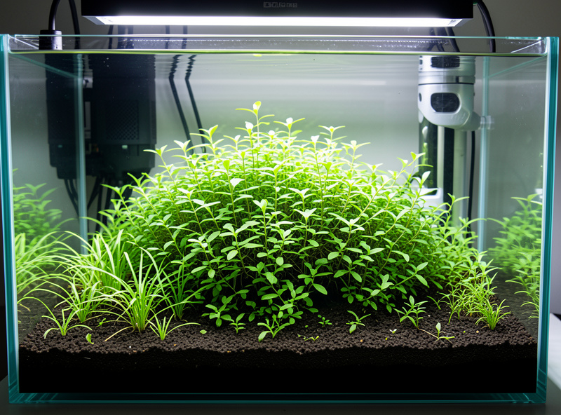 High-tech planted nano aquarium with lush carpet plants growing in ADA Amazonia aqua soil