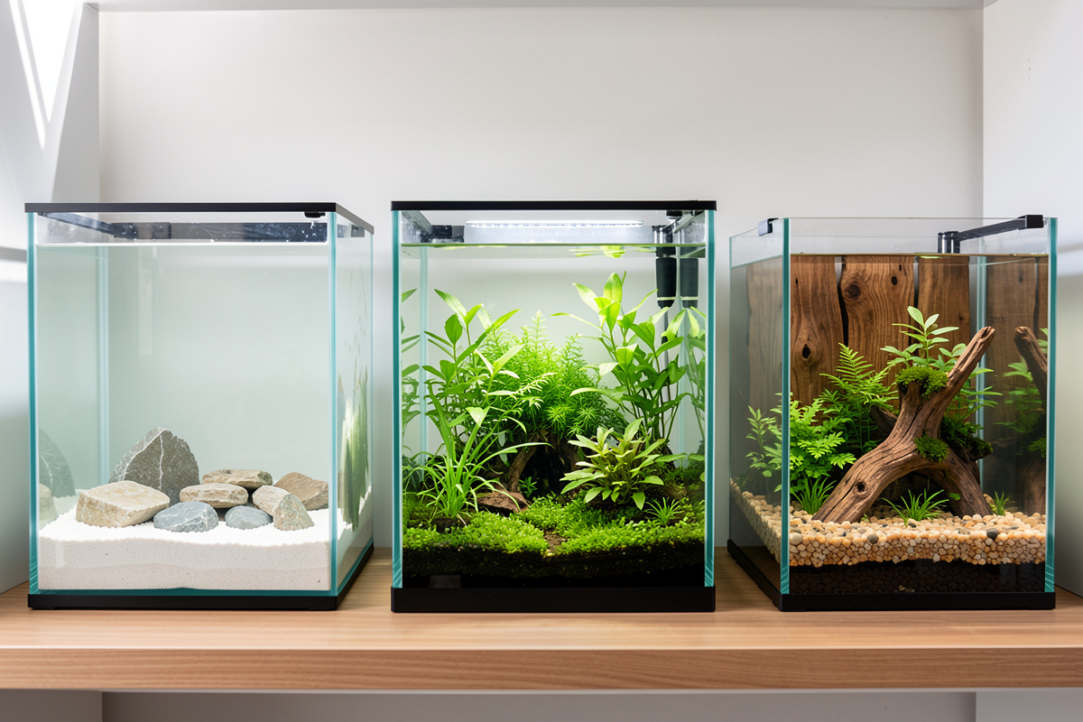 Three nano aquariums showing different aquascaping styles side by side