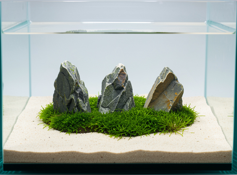 Iwagumi style nano aquarium with three dragon stones and a green carpet on open substrate