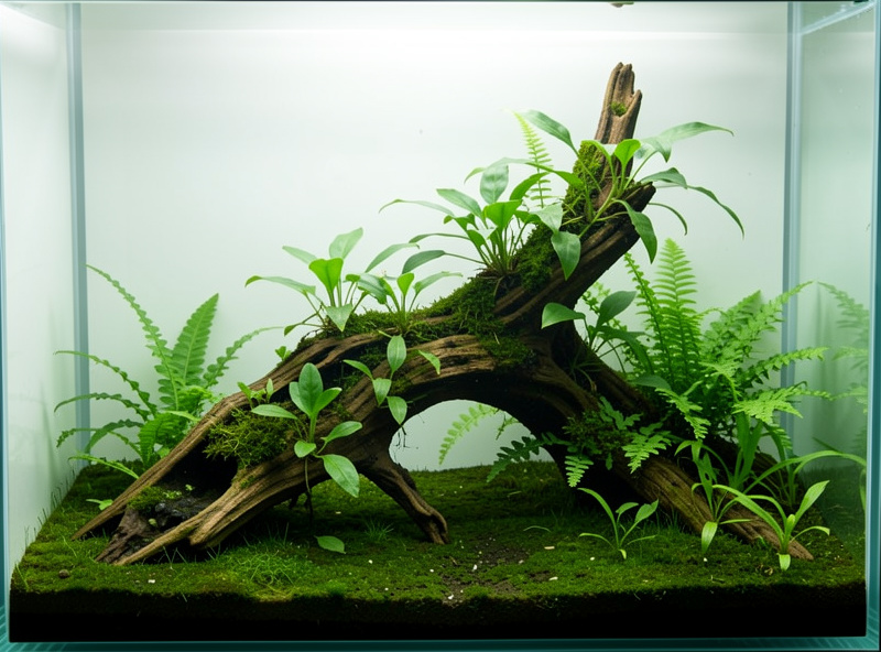 Wood and epiphyte nano aquascape with spider wood Anubias and Java fern
