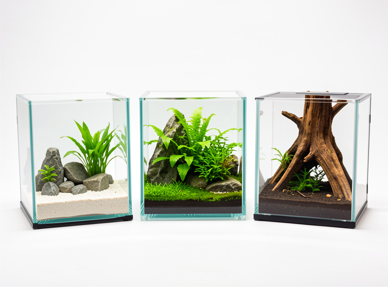 Comparison of three nano aquascaping styles Iwagumi nature and wood epiphyte side by side