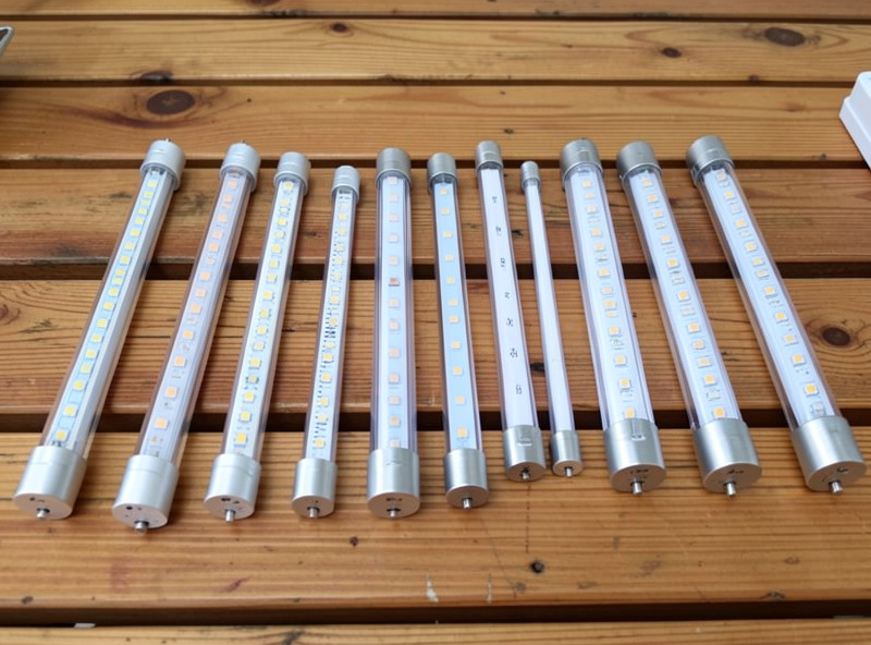 A row of nano aquarium LED lights of different sizes laid out for comparison on a wooden bench