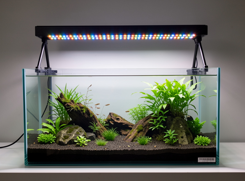 A dimmable full-spectrum LED bar mounted on legs over a rimless nano planted aquarium