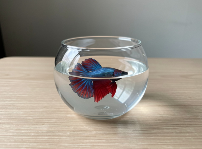 A betta alone in a small bare glass bowl with no heater or plants