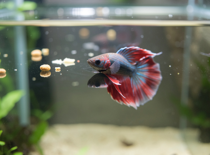 A betta near the surface ignoring uneaten floating food pellets in a new tank