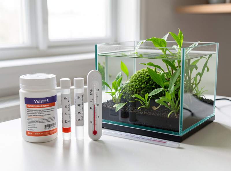 A liquid test kit and thermometer beside a newly set up planted nano aquarium