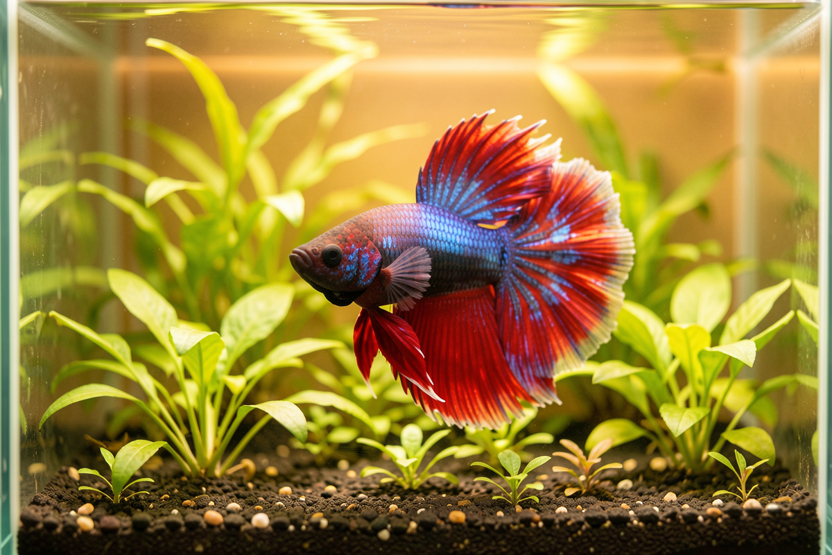 A betta with healthy flowing fins in a pristine planted nano aquarium