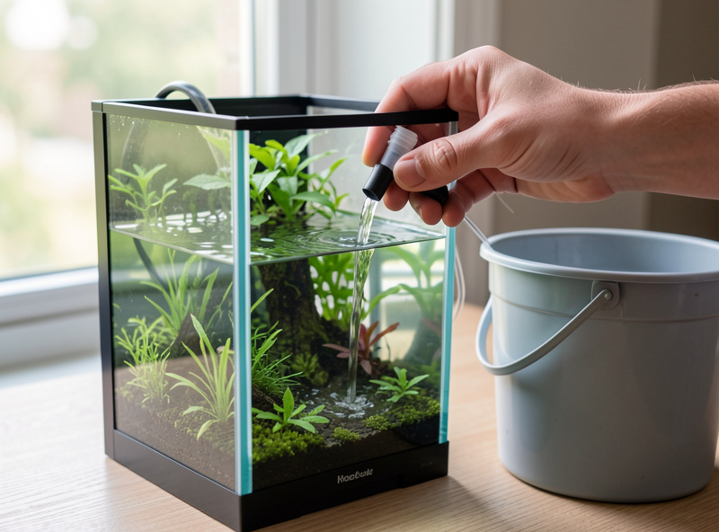 A gentle water change in progress on a planted nano aquarium with clear water