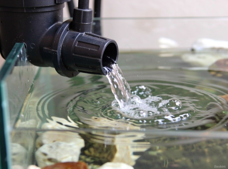 A hang-on-back filter outflow creating strong surface current in a small aquarium
