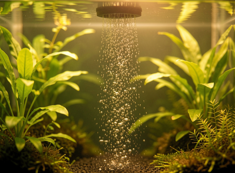 A sponge filter producing gentle bubble flow in a calm planted nano tank