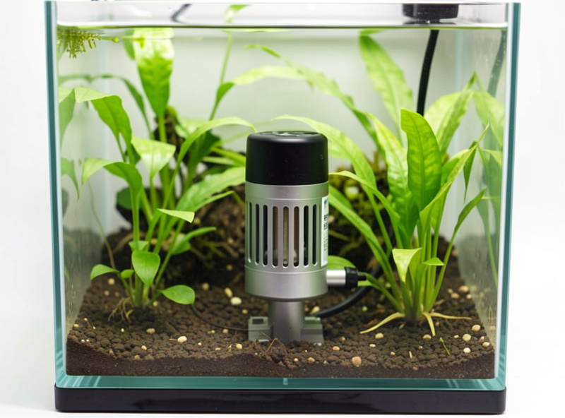 A compact adjustable aquarium heater mounted inside a small planted nano tank