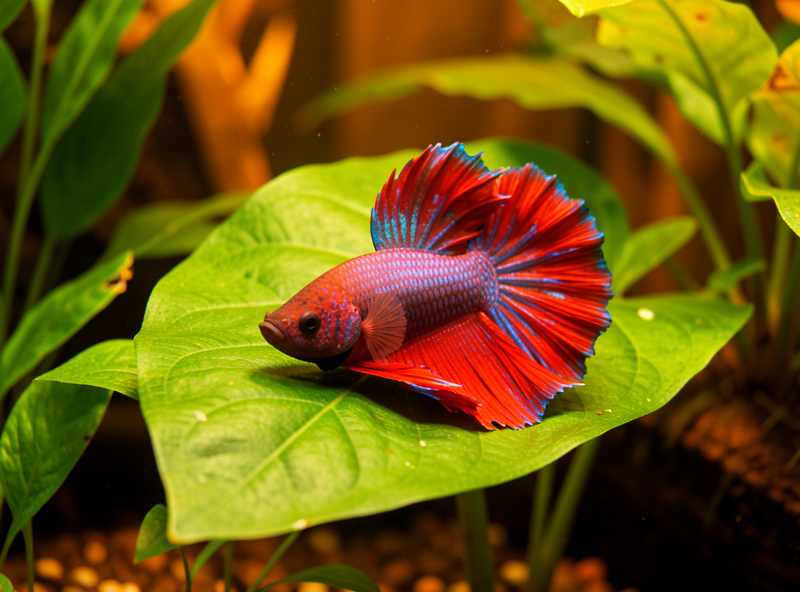 A vividly coloured betta resting on a leaf in a warm planted aquarium
