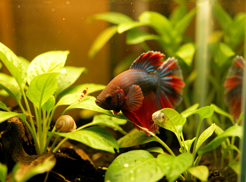 A betta sharing a planted nano tank with a nerite snail and a cherry shrimp