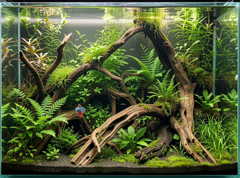 A densely planted nano aquarium with heavy cover and hiding spots for tankmates