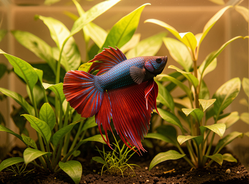 Male betta swimming among Anubias leaves in a planted nano aquarium