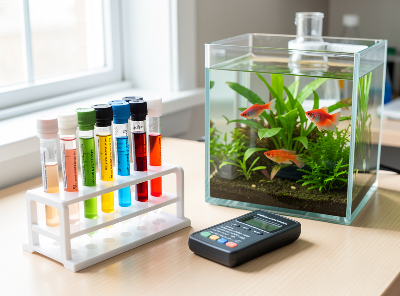 Liquid aquarium test kit and TDS pen beside a small planted betta tank on a workbench