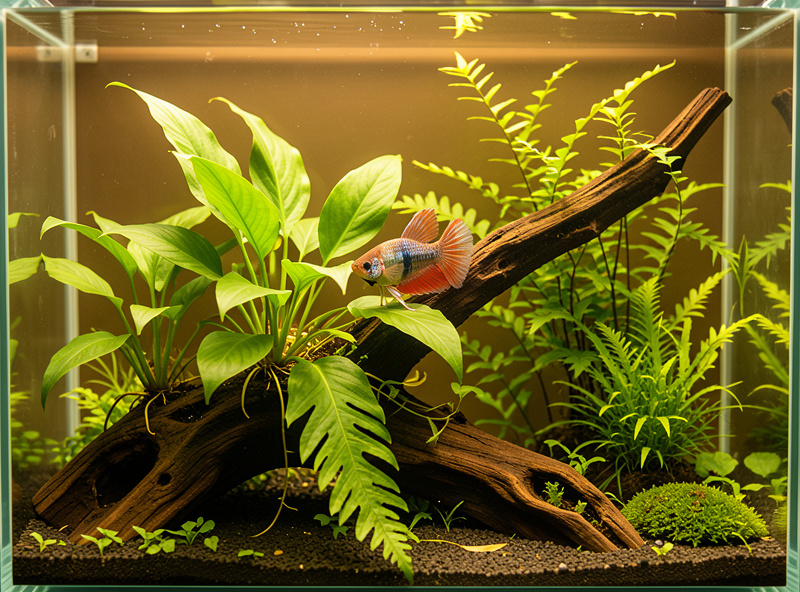 Anubias and Java fern on driftwood with a betta resting on a leaf in a planted nano