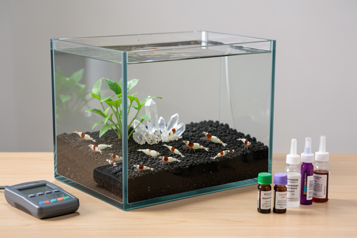 Caridina shrimp tank with buffering aqua soil substrate and a TDS meter for water testing