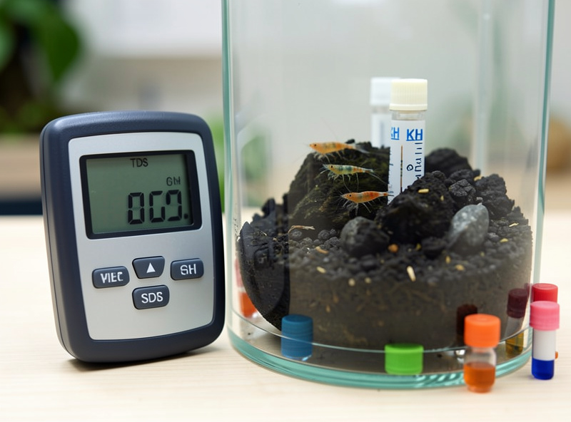 Dark active buffering aqua soil in a nano shrimp tank with a TDS meter and test vials beside it