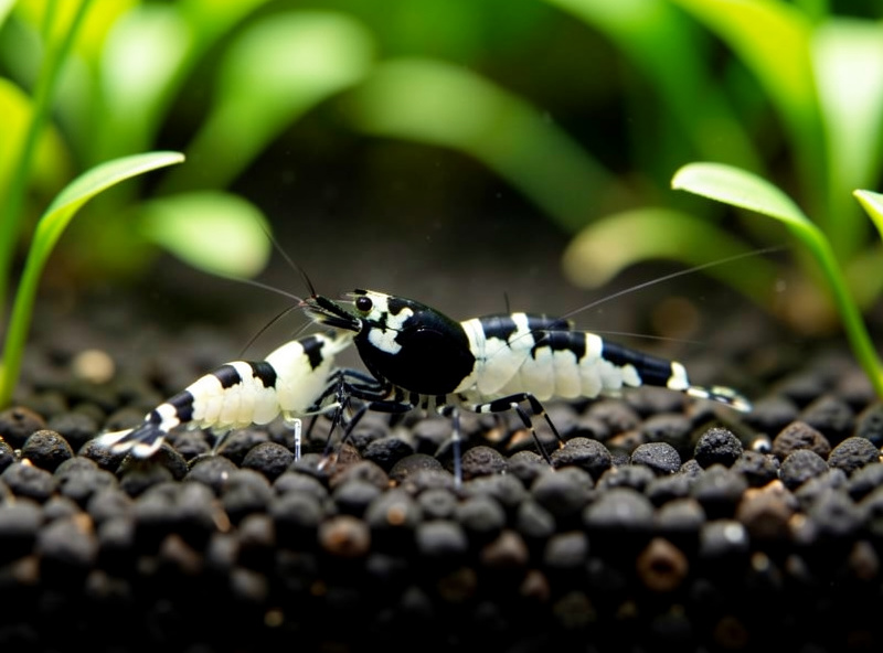 Crystal bee shrimp on dark buffering substrate in a soft-water nano aquarium