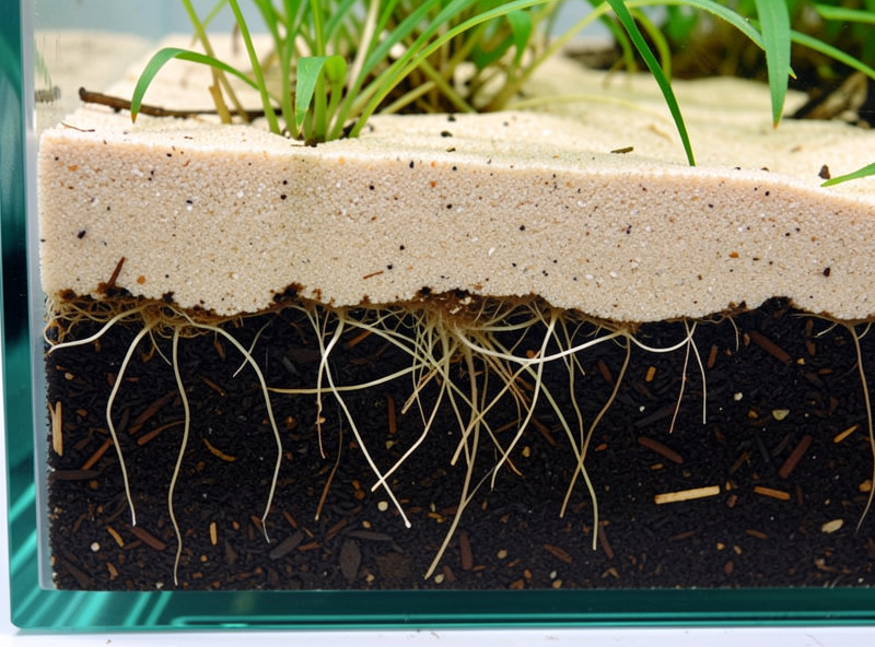 Cross-section of a capped planted aquarium substrate showing a dark soil base layer beneath a pale sand cap