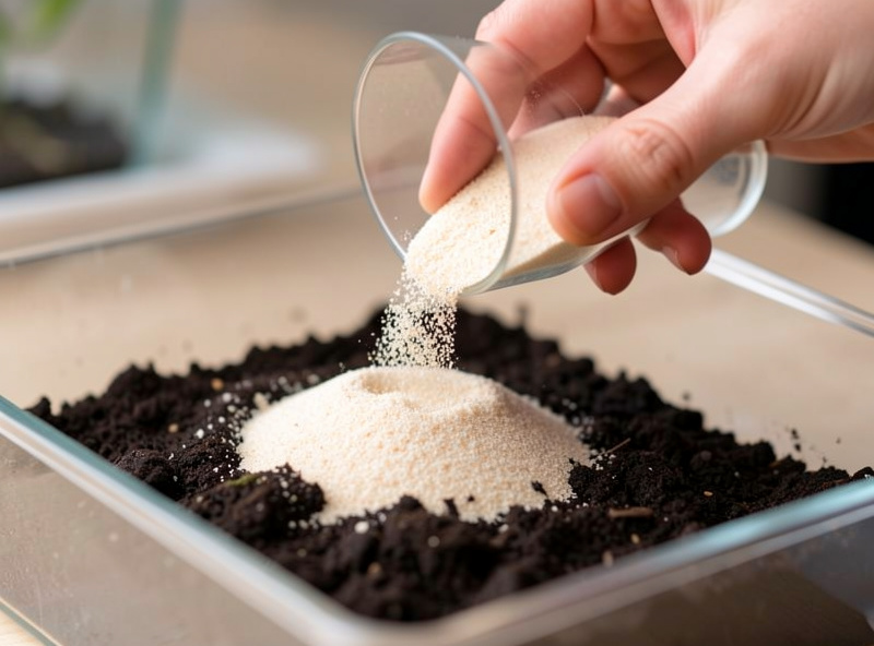 Hand pouring pale sand cap over a dark soil base layer in an empty nano aquarium during setup