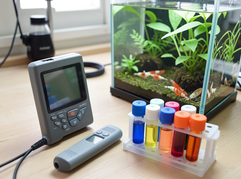 TDS pen and liquid test kit beside a planted Caridina nano tank showing parameter logging