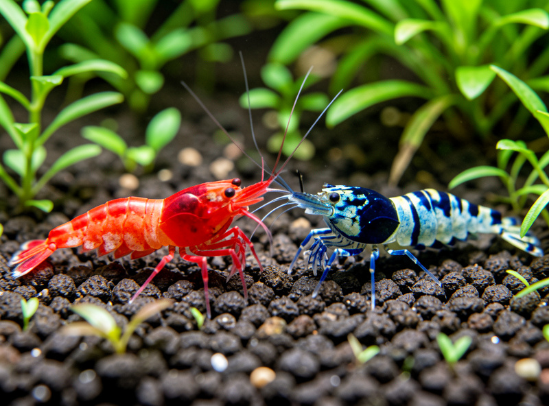 Crystal Red and Tiger Caridina shrimp grazing on aquasoil in a planted nano tank