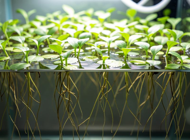 Floating plants covering part of a nano aquarium surface with roots dangling, backlit