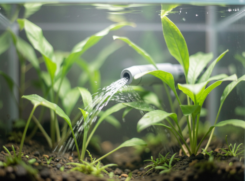 A small powerhead creating gentle current that sways aquarium plants in a planted nano tank