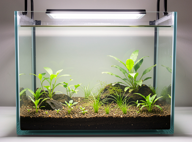 A brand new freshly set up planted nano aquarium with fresh substrate and young plants, water slightly hazy