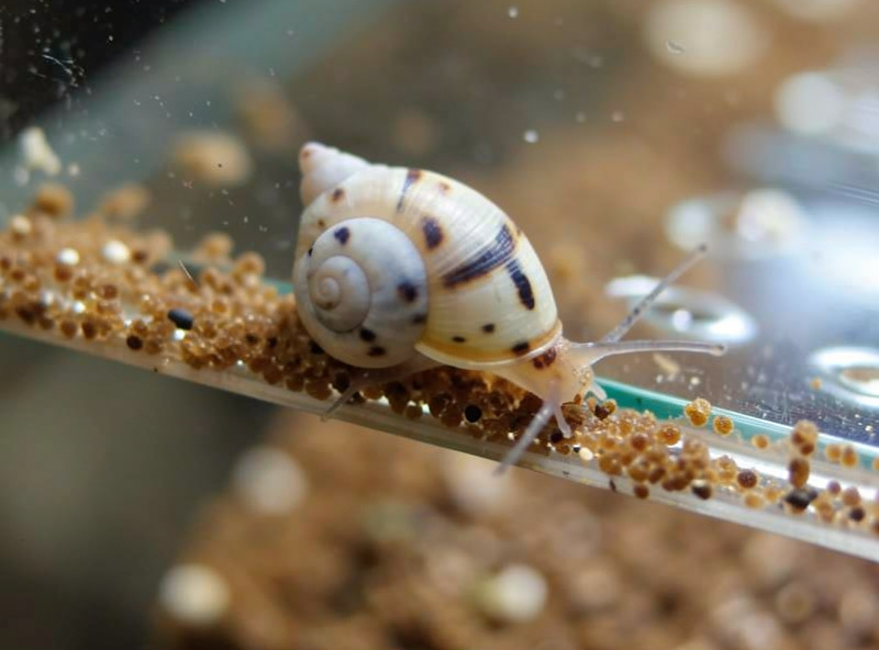 Macro of a nerite snail grazing a clean track through brown diatom film on aquarium glass