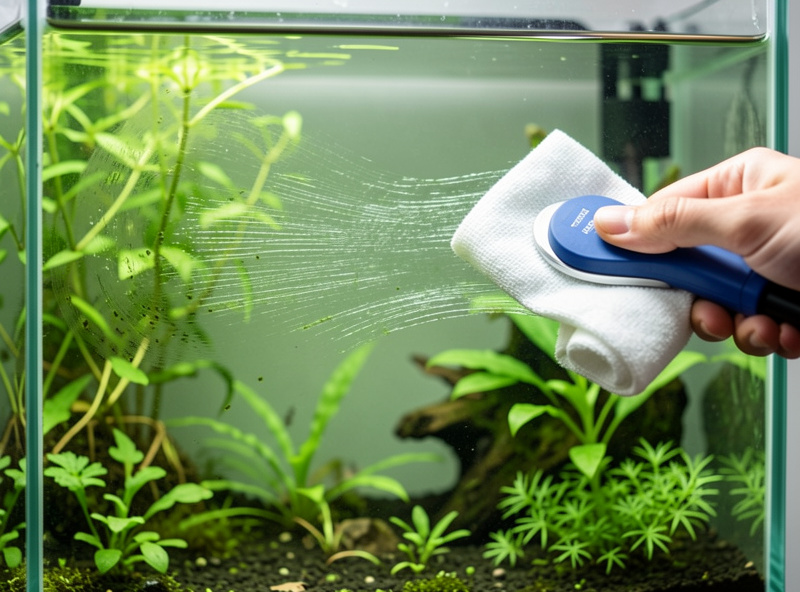 A magnetic algae cleaner wiping a clear streak through thin green film on nano aquarium glass