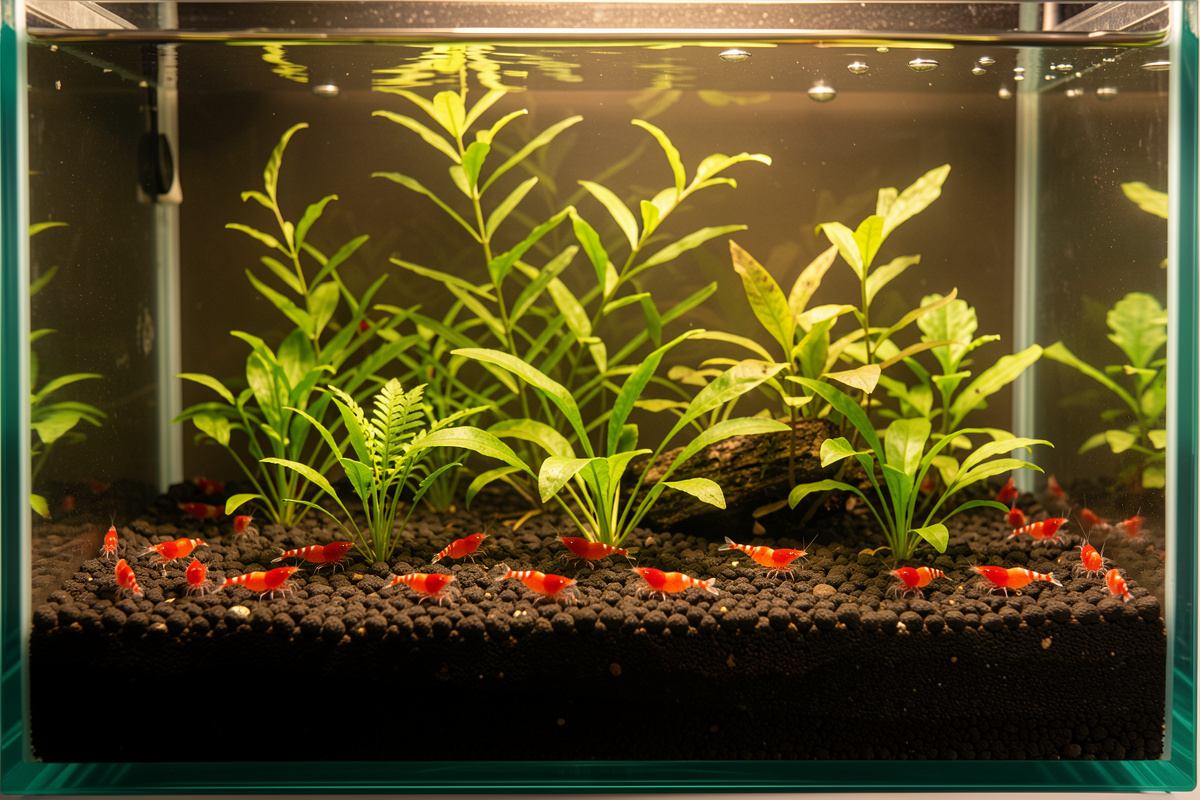 Planted nano shrimp tank with cherry shrimp on dark Fluval Stratum substrate