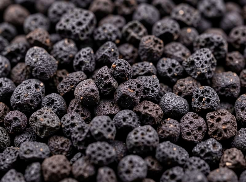 Close-up of dark porous Fluval Stratum volcanic aqua soil granules