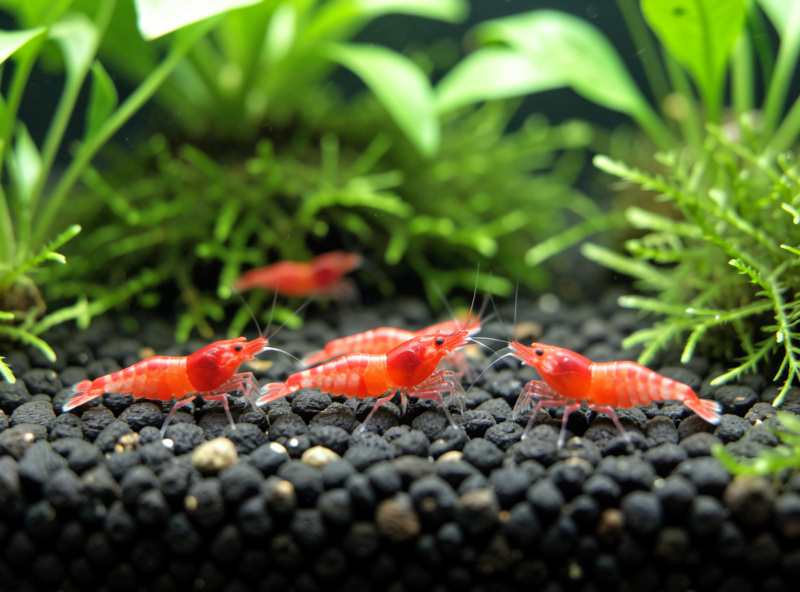 Planted nano shrimp tank with cherry shrimp on Fluval Stratum substrate and green plants