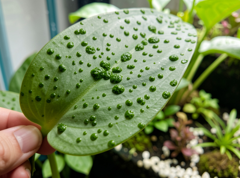 Macro of a broad Anubias leaf speckled with hard green spot algae dots in a nano aquarium