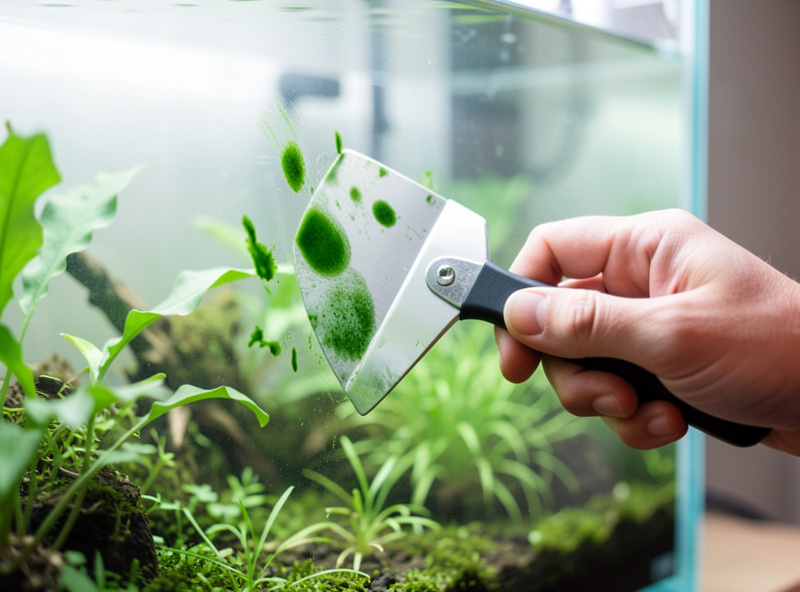 A hand using a flat blade scraper to remove green spot algae from the inside of nano aquarium glass