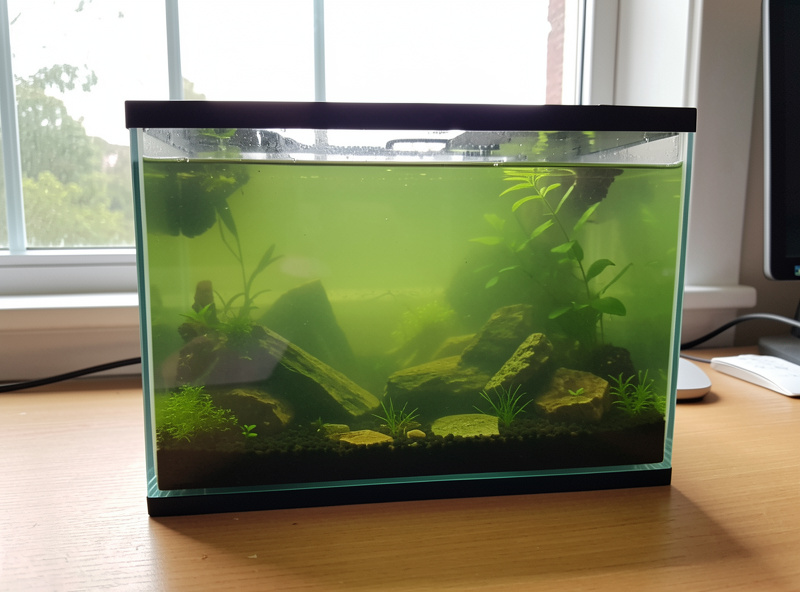 A small planted aquarium with cloudy pea-soup green water, plants barely visible through the murk