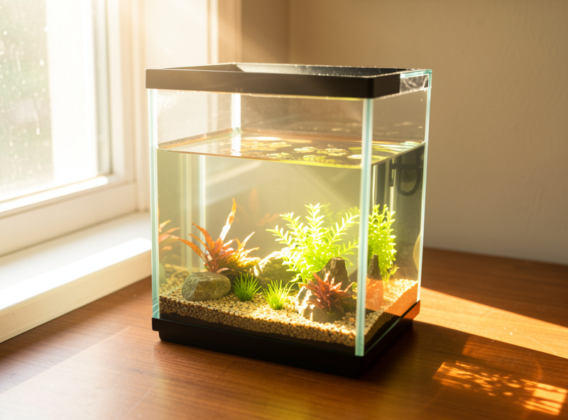 Bright afternoon sunlight streaming onto a small nano aquarium near a window