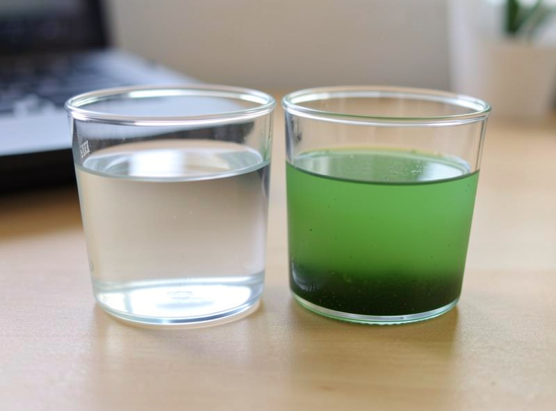 Two small nano aquariums side by side, one with clear water and one with cloudy green water