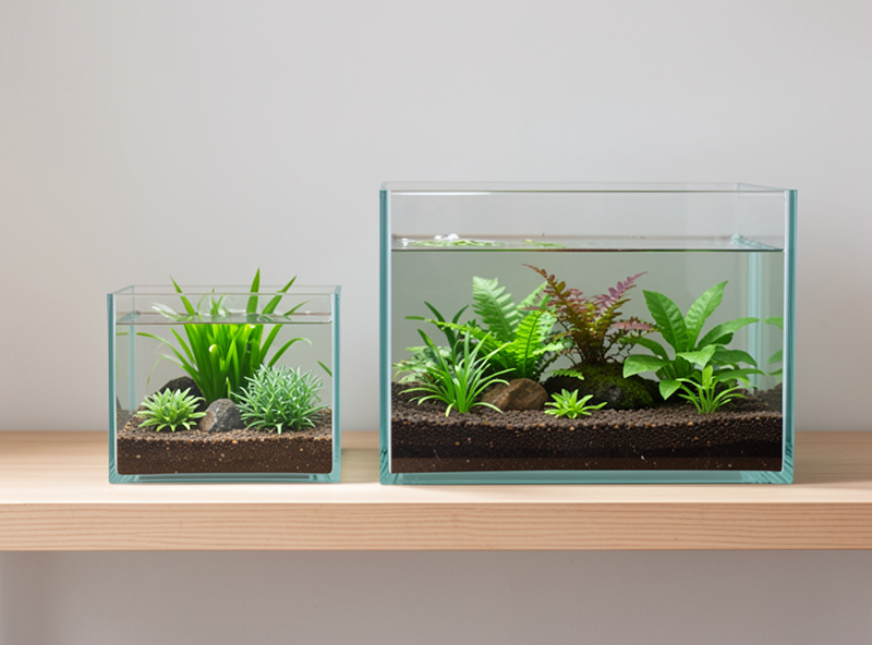 Small cube aquarium beside a larger tank showing the difference in water volume