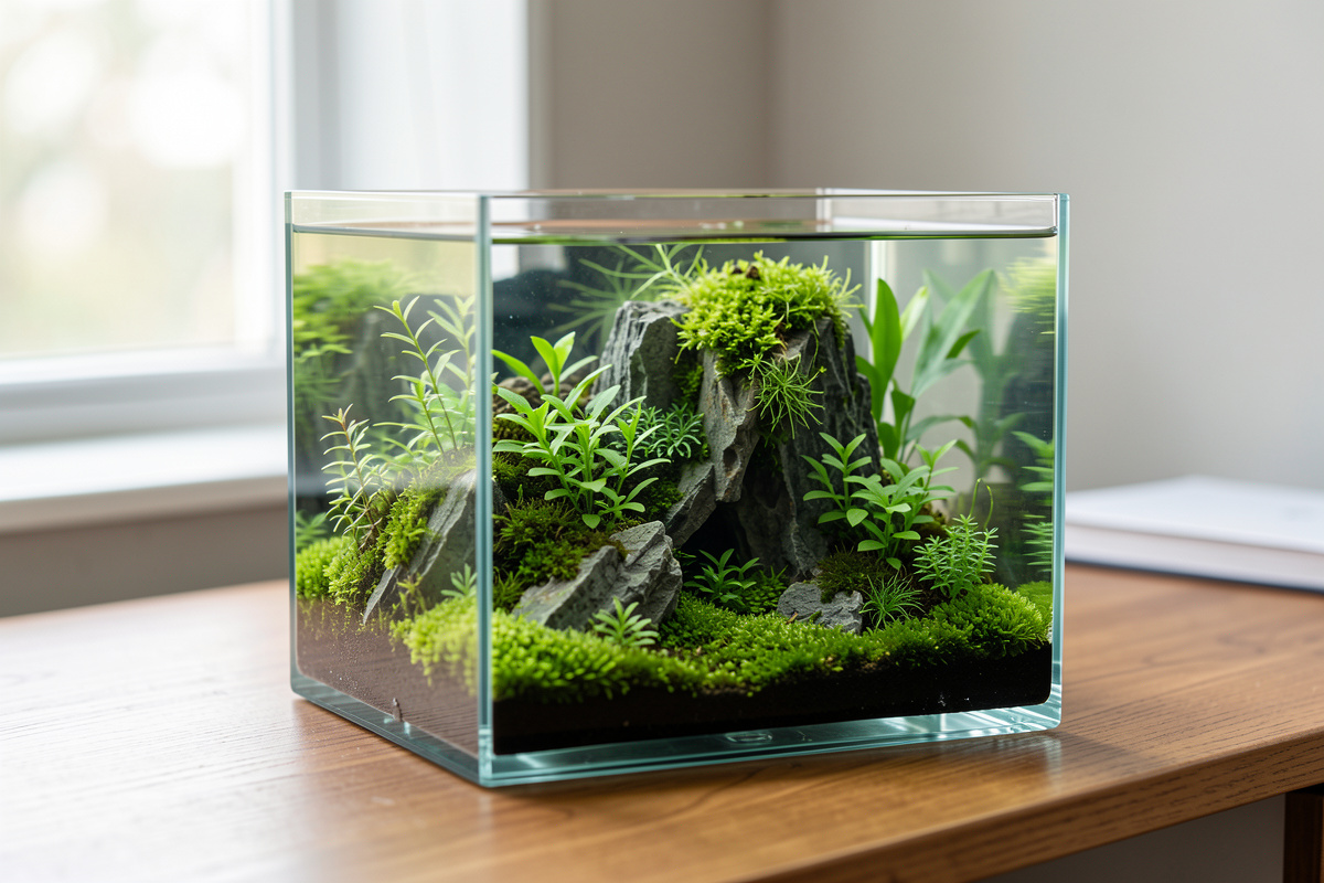 Aquascaped rimless nano aquarium with dragon stone hardscape and carpeting plants