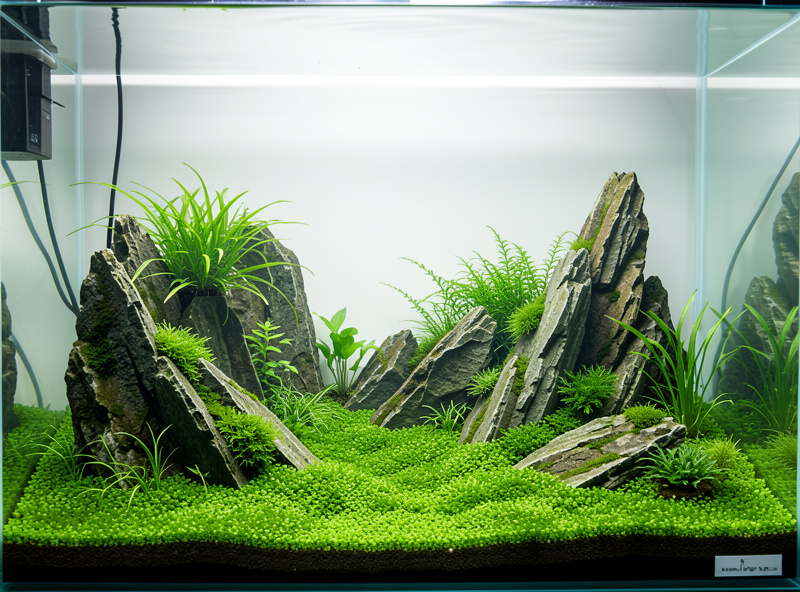 Rimless nano aquarium aquascaped with dragon stone and carpeting plants showing depth and negative space