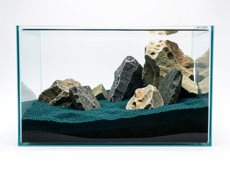 Cross section of a nano aquarium showing sloped substrate deeper at the back behind hardscape