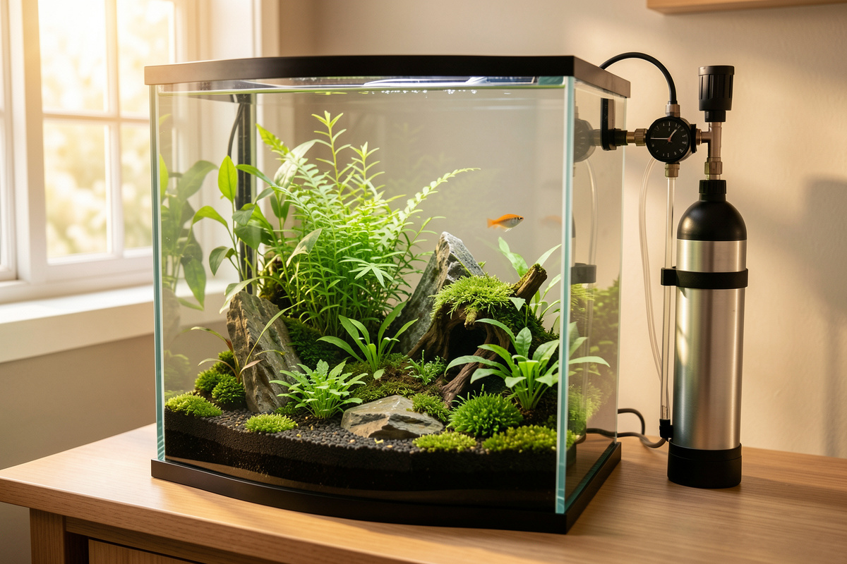 Planted nano aquarium showpiece with a pressurised CO2 system beside the tank