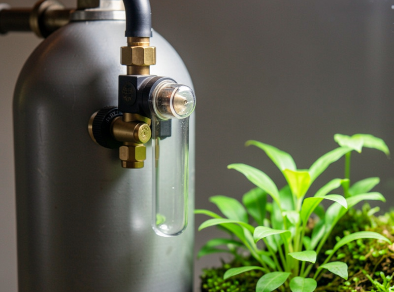 Pressurised CO2 regulator, solenoid and bubble counter mounted behind a small planted aquarium
