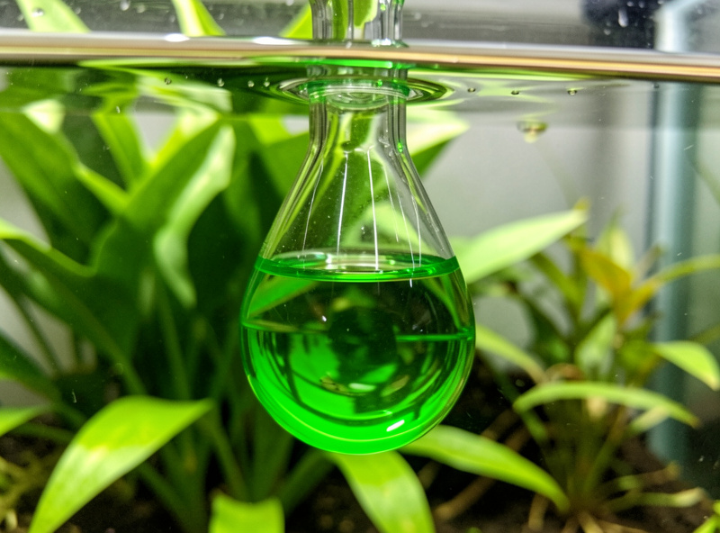 Green drop checker hanging inside a planted nano aquarium indicating correct CO2 concentration