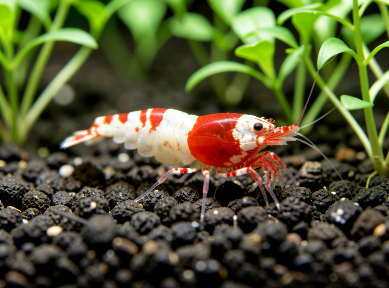 Red and white Crystal Red shrimp grazing on dark active aquasoil in a planted nano tank
