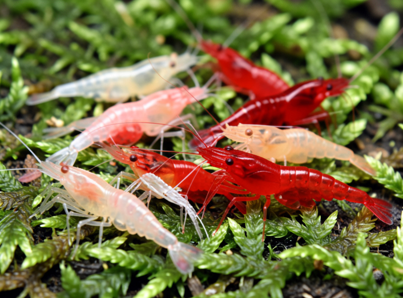 Comparison of cherry shrimp colour grades from pale Cherry to deep Painted Fire Red